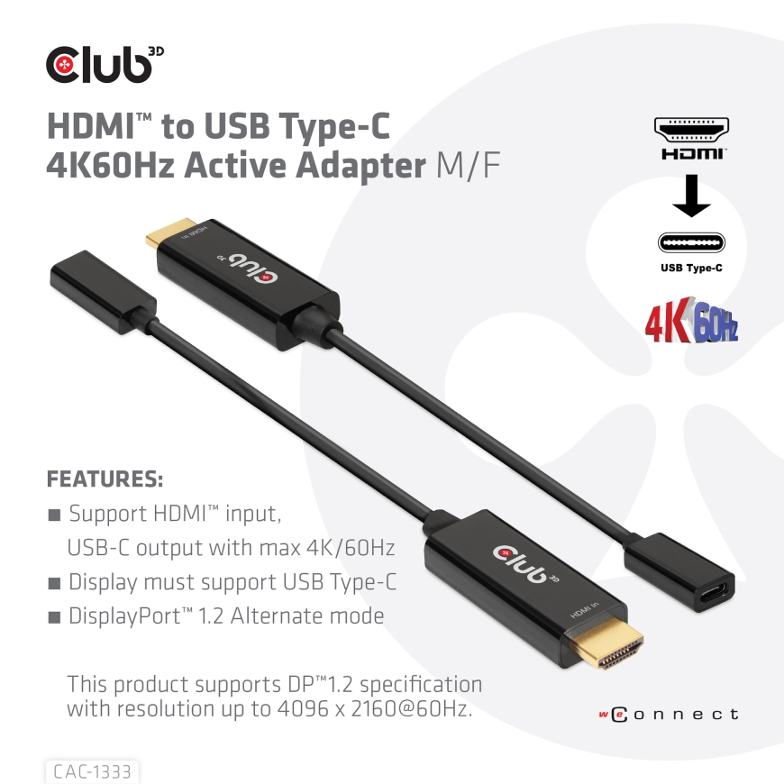 CLUB3D HDMI to USB Type-C 4K60Hz Active Adapter M/F – 3