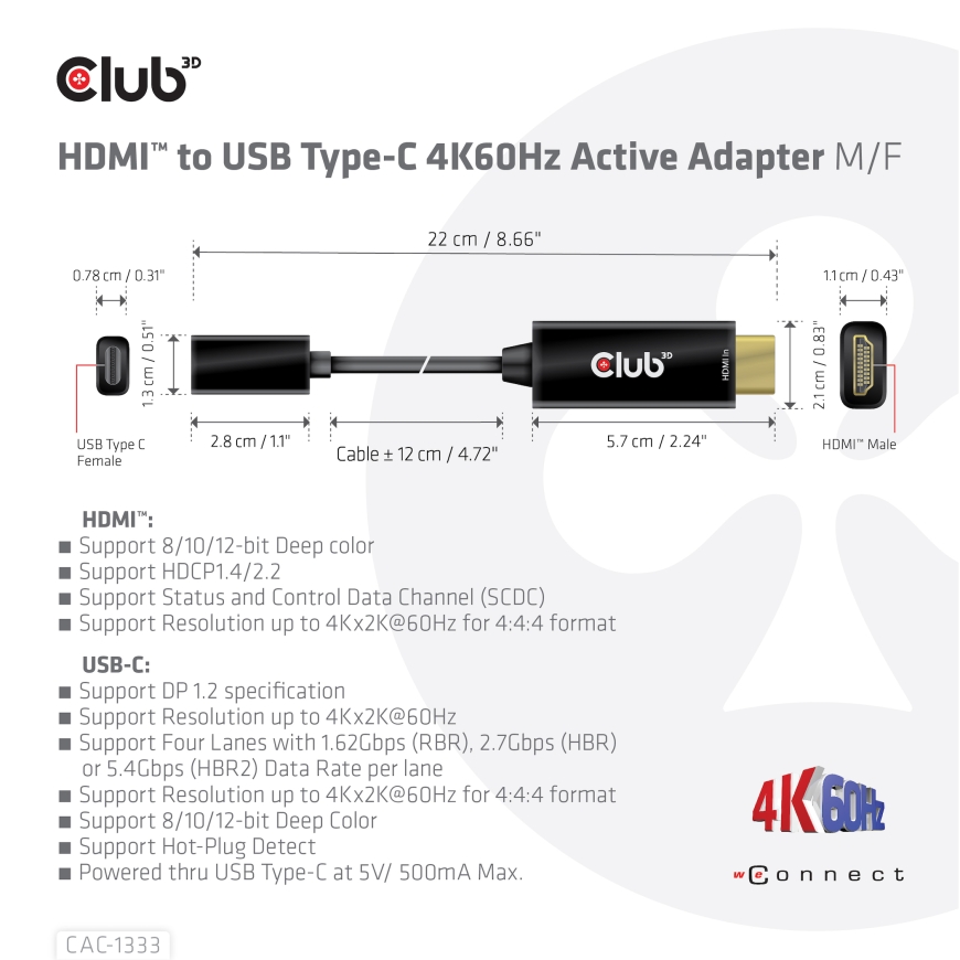 CLUB3D HDMI to USB Type-C 4K60Hz Active Adapter M/F – 4