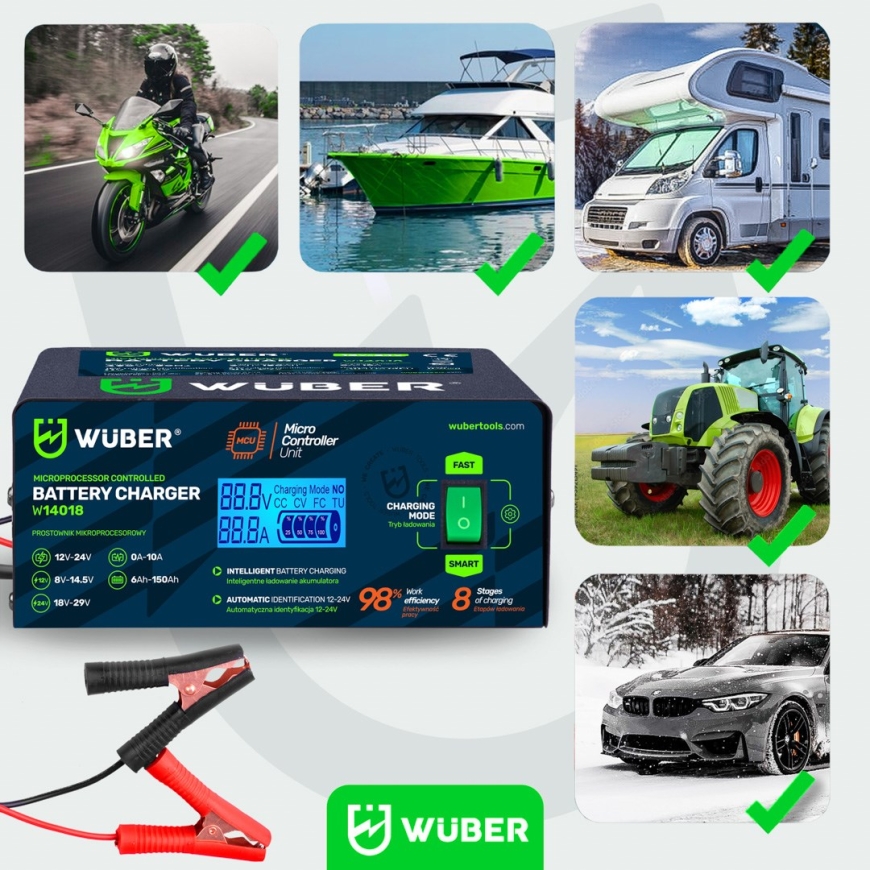 Microprocessor-controlled car battery charger 10 A 6–150 Ah 2–24 V W14018 WUBER – 3