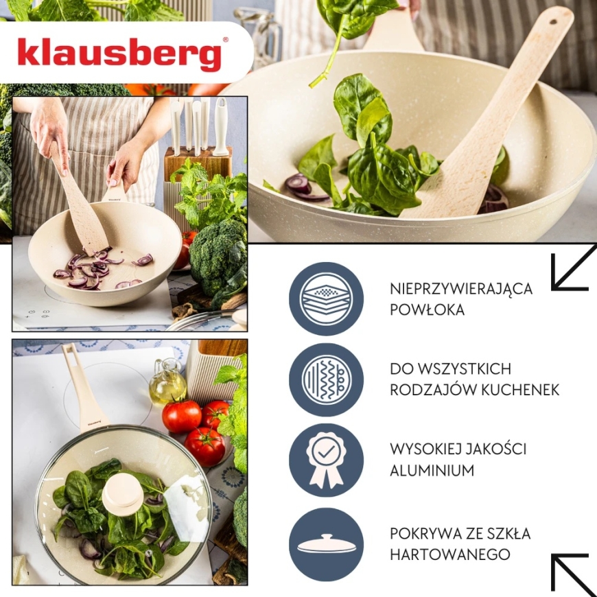 Keptuvė Marmurinė vok keptuvė 28 cm, kreminės spalvos, su dangčiu, Klausberg KB-7991 – 5