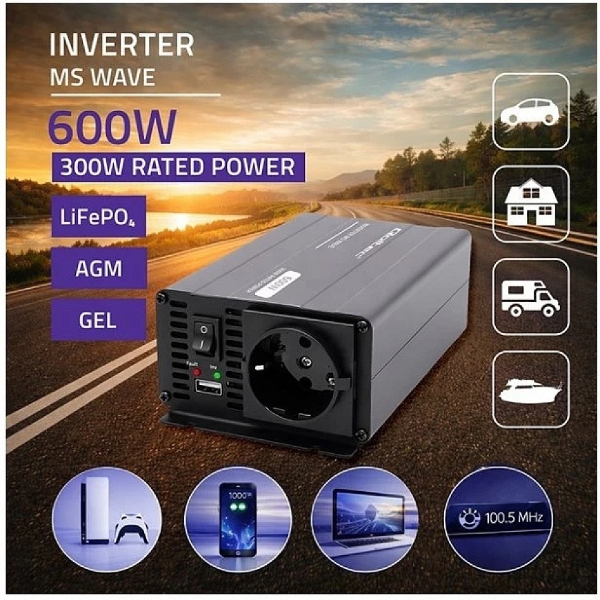 Qoltec MS Wave | 12 В - 230 В | 300/600 Вт | USB – 2