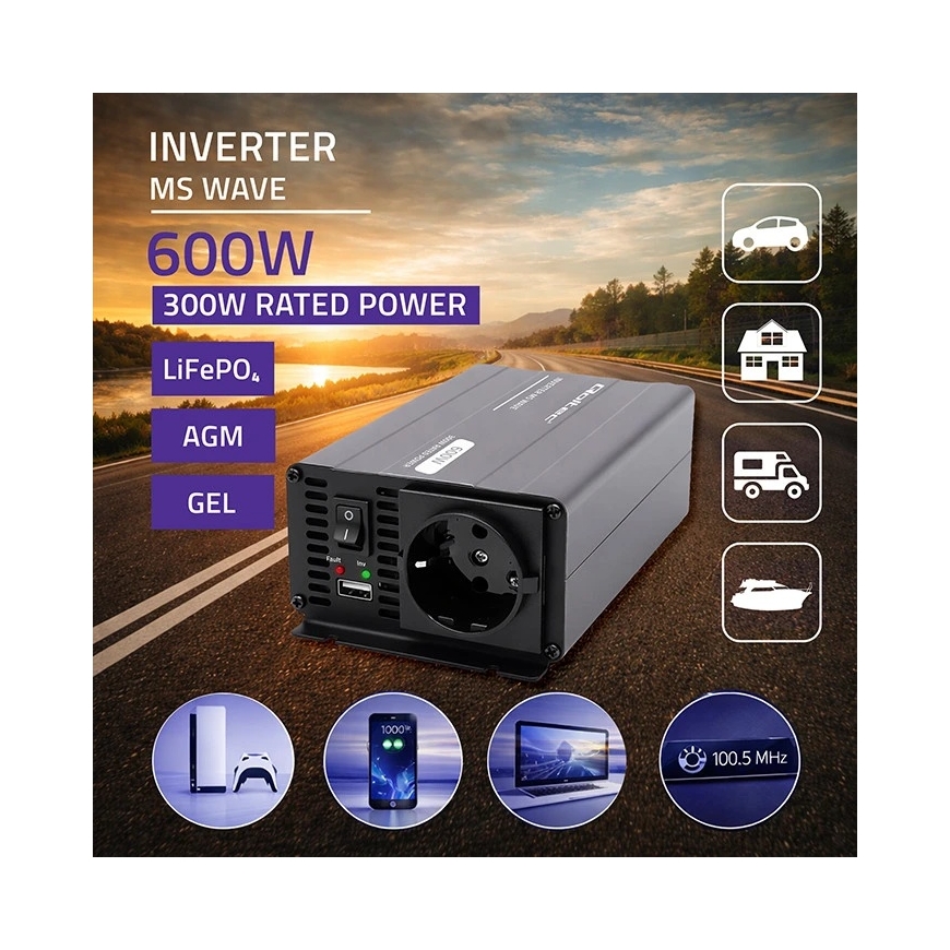 Qoltec MS Wave | 12 В - 230 В | 300/600 Вт | USB – 4