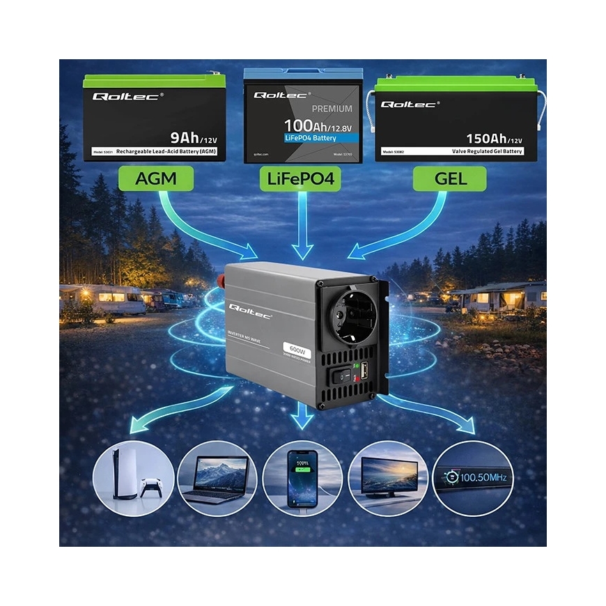Qoltec MS Wave | 12 В - 230 В | 300/600 Вт | USB – 5