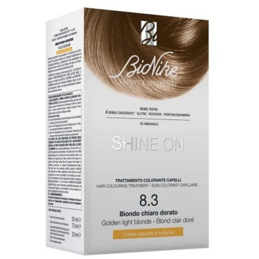 BioNike Shine On Permanent Hair Dye 8.3 Light Golden 145 ml šviesiems juostele. – 2