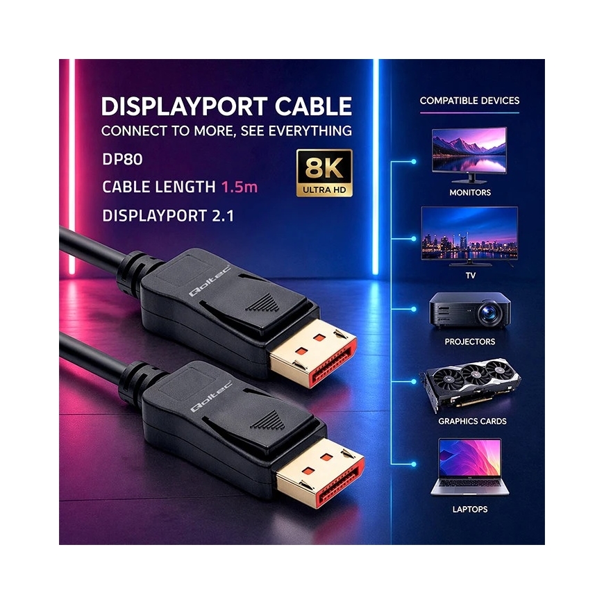 Qoltec DisplayPort v2.1 Male Cable | DisplayPort v2.1 Male | 8K | 54G | 1.5m – 2