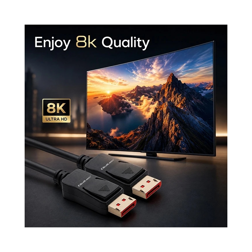Qoltec DisplayPort v2.1 Male Cable | DisplayPort v2.1 Male | 8K | 54G | 1.5m – 3