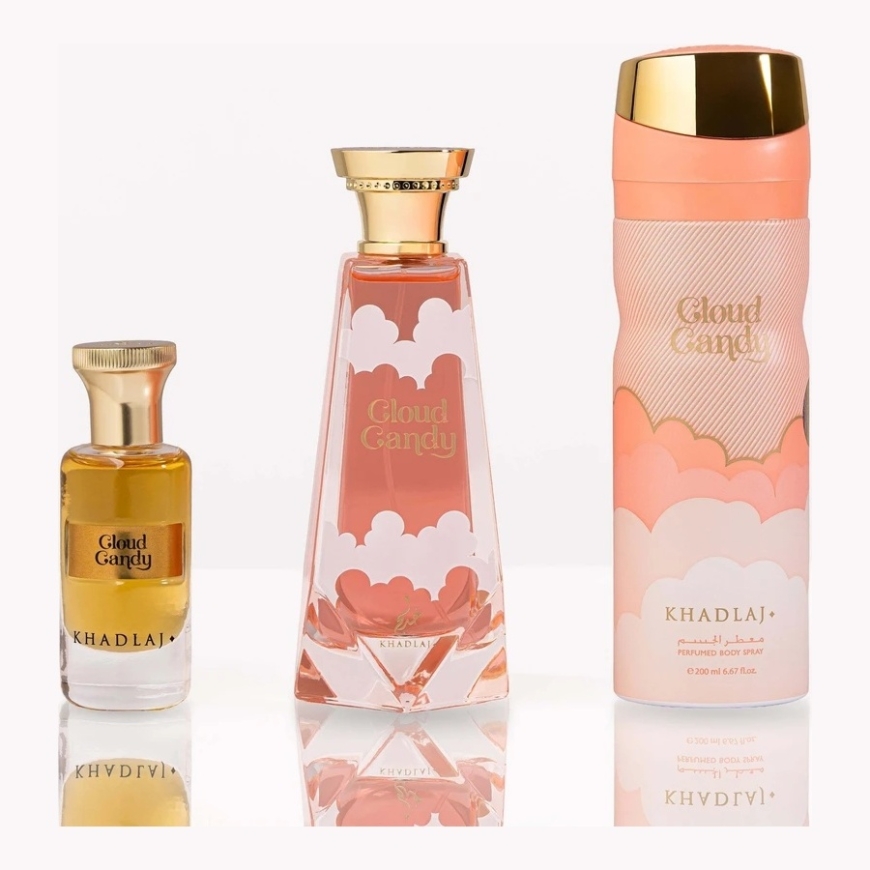 Khadlaj komplekt: Cloud Candy eksklusiivne parfüüm unisex, 100 ml + Cloud Candy naiste deodorantspüršija, 200 ml + Cloud Candy p – 2