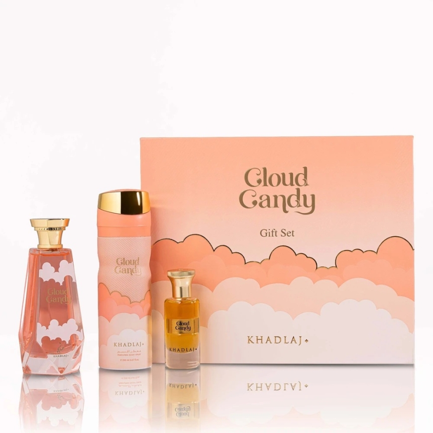 Khadlaj komplekt: Cloud Candy eksklusiivne parfüüm unisex, 100 ml + Cloud Candy naiste deodorantspüršija, 200 ml + Cloud Candy p – 3