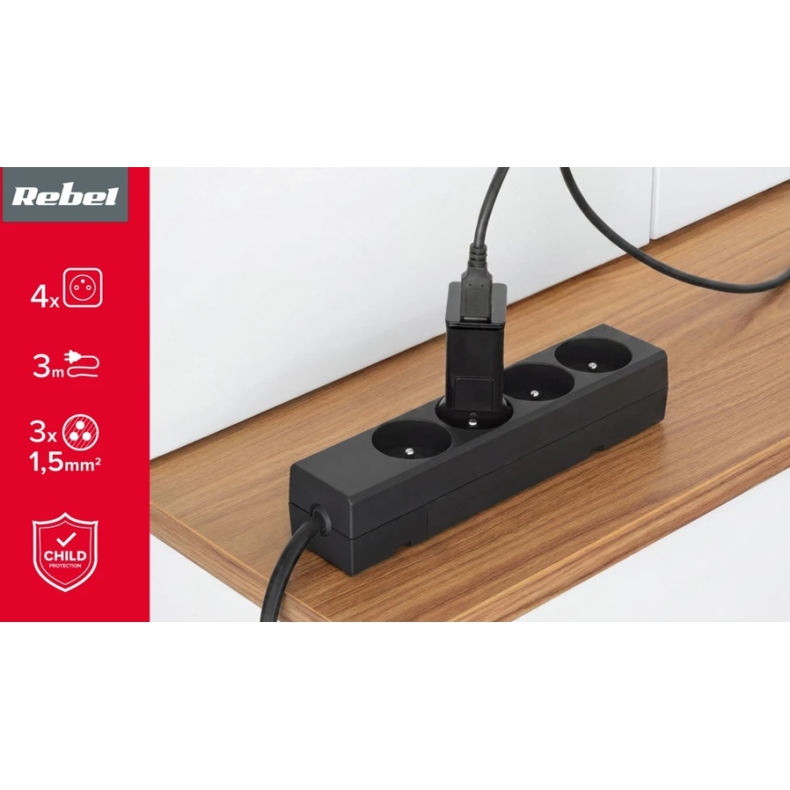 Rebel Power Extension Cable Black 4 Outlets without Switch, Length 3m (3x1.5mm) – 5