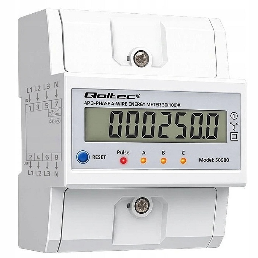 Qoltec 50980 three-phase electronic meter with reset | Energy consumption meter for DIN rail | 400 V | 100 A | LCD | LED | 4P – 2