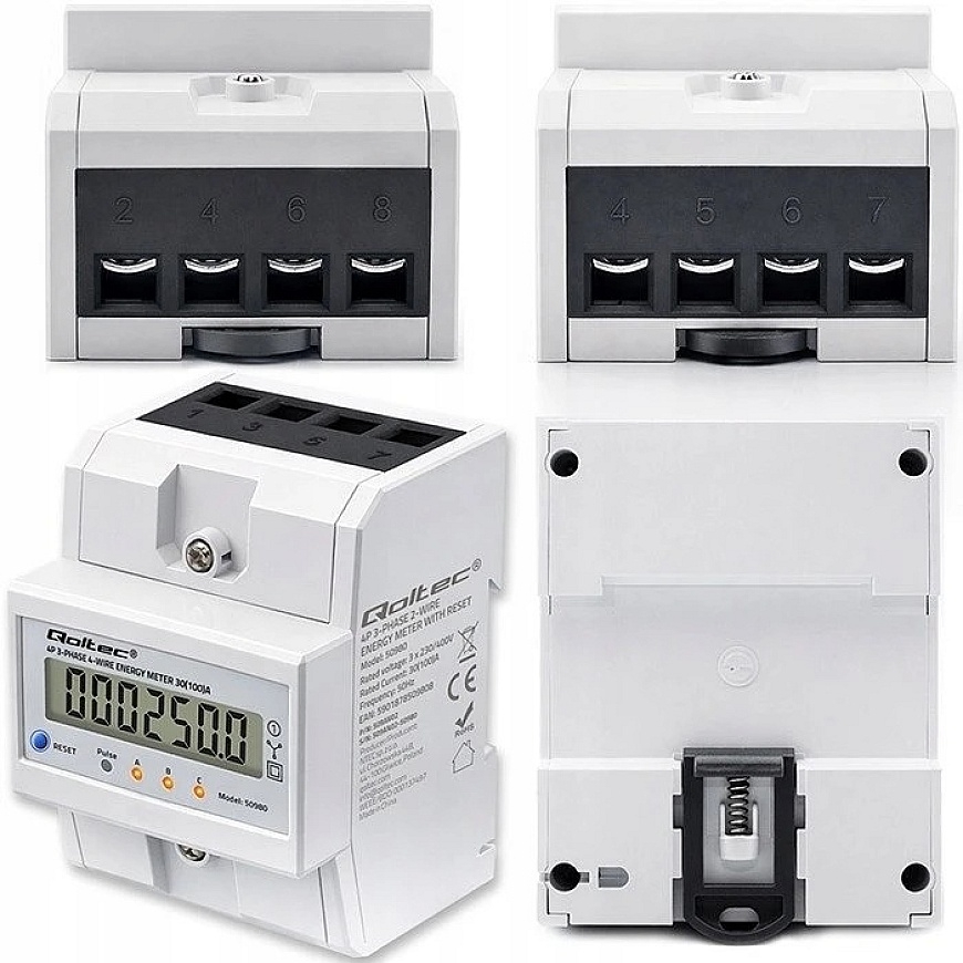 Qoltec 50980 three-phase electronic meter with reset | Energy consumption meter for DIN rail | 400 V | 100 A | LCD | LED | 4P – 3