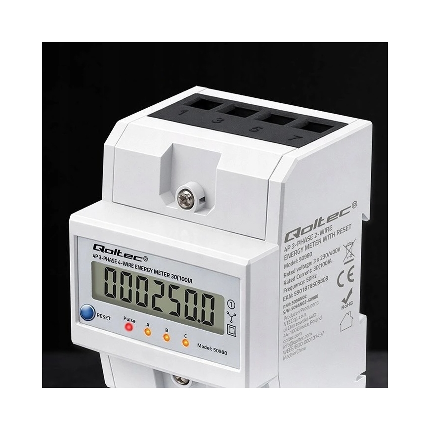 Qoltec 50980 three-phase electronic meter with reset | Energy consumption meter for DIN rail | 400 V | 100 A | LCD | LED | 4P – 5