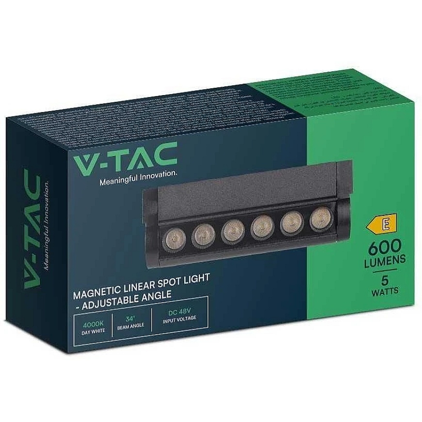 V-tac 5W LED valgusti magnetilistele rööbastele, must, 3000K, kaldu. – 2