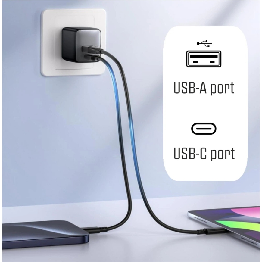 iPEAX GaN 20 W seinalaadija (USB-C + USB-A), must – 2