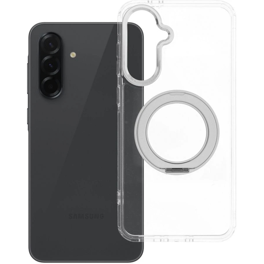 Oem korpuss Samsung A36 rāmis ar apaļo statīvu, saderīgs ar MagSafe, caurspīdīgs