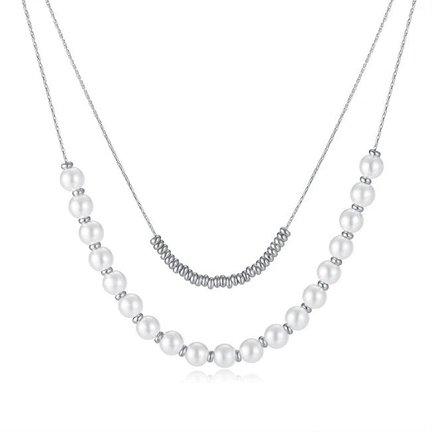 Double steel necklace with artificial pearls, silver color