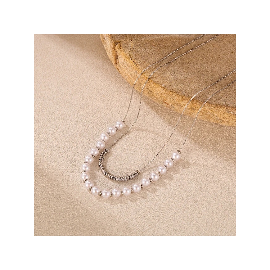 Double steel necklace with artificial pearls, silver color – 4