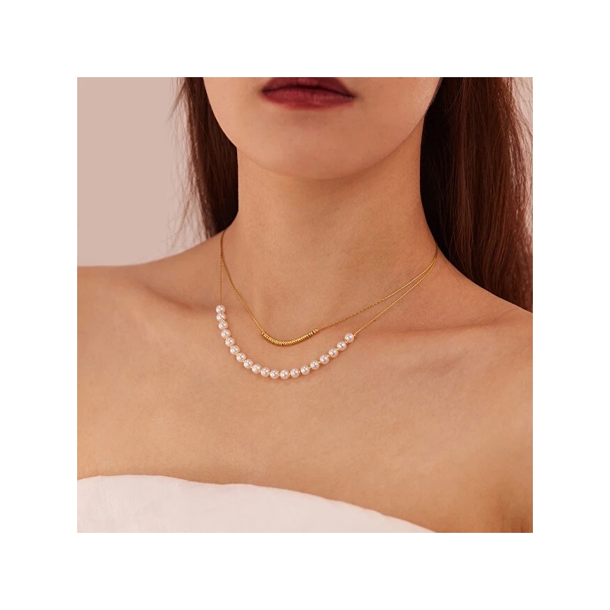Double steel necklace with artificial pearls, silver color – 5