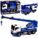 Blue and white truck with a crane Blue and white truck with a crane