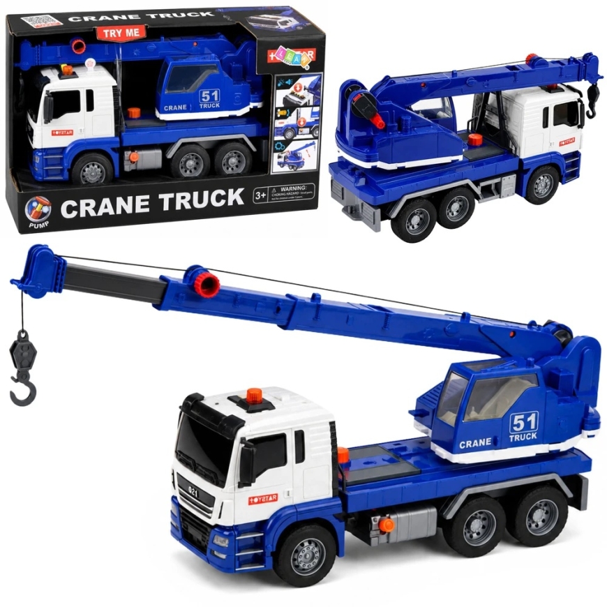 Blue and white truck with a crane – 2