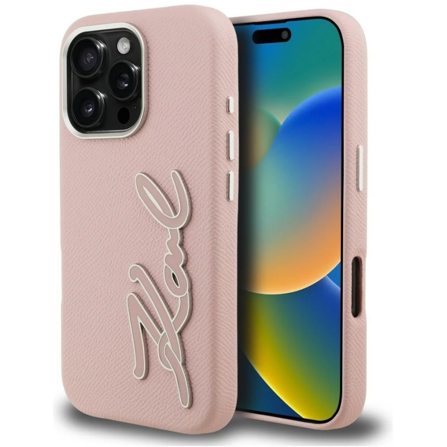 Dėklas Karl Lagerfeld FW Grained Signature Logo iPhone 16 Pro Max gadījumā - Rozā