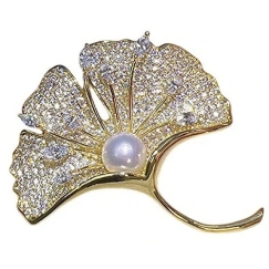 Ginkgo biloba Gold Gold-plated Clip with Crystals and Artificial Pearl