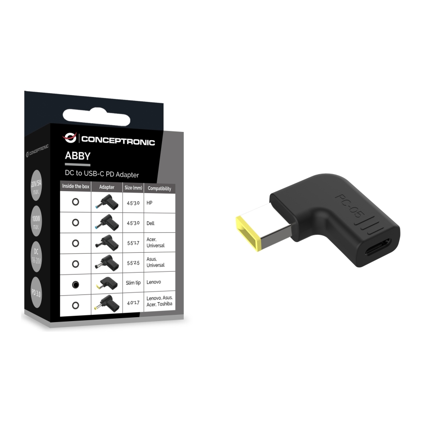 Conceptronic ABBY15PC05 DC to USB-C Adapter, Lenovo Slim tip, 18-20V – 3