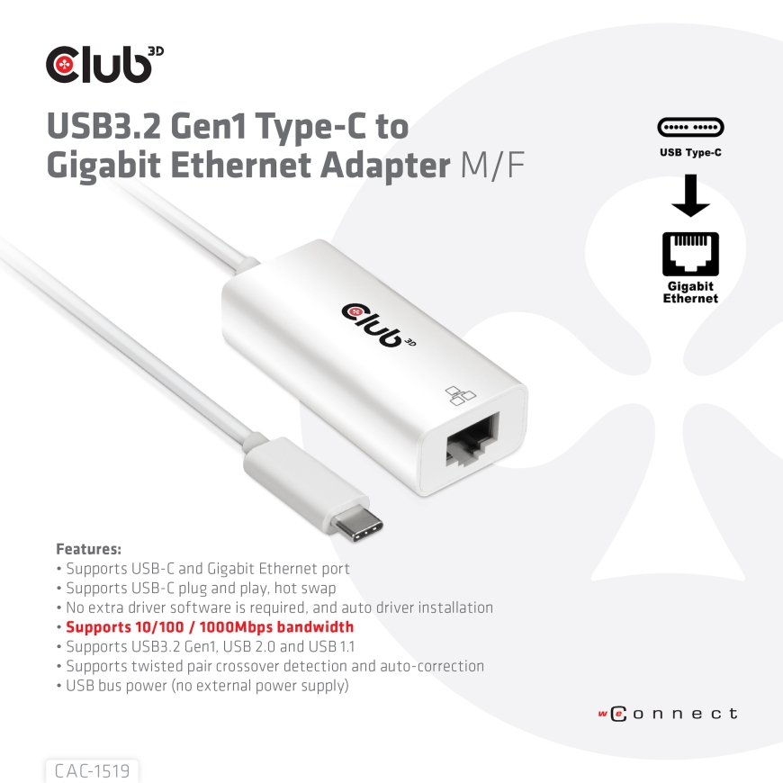 CLUB3D CAC-1519 гендерный адаптер USB-C RJ-45 Белый – 3