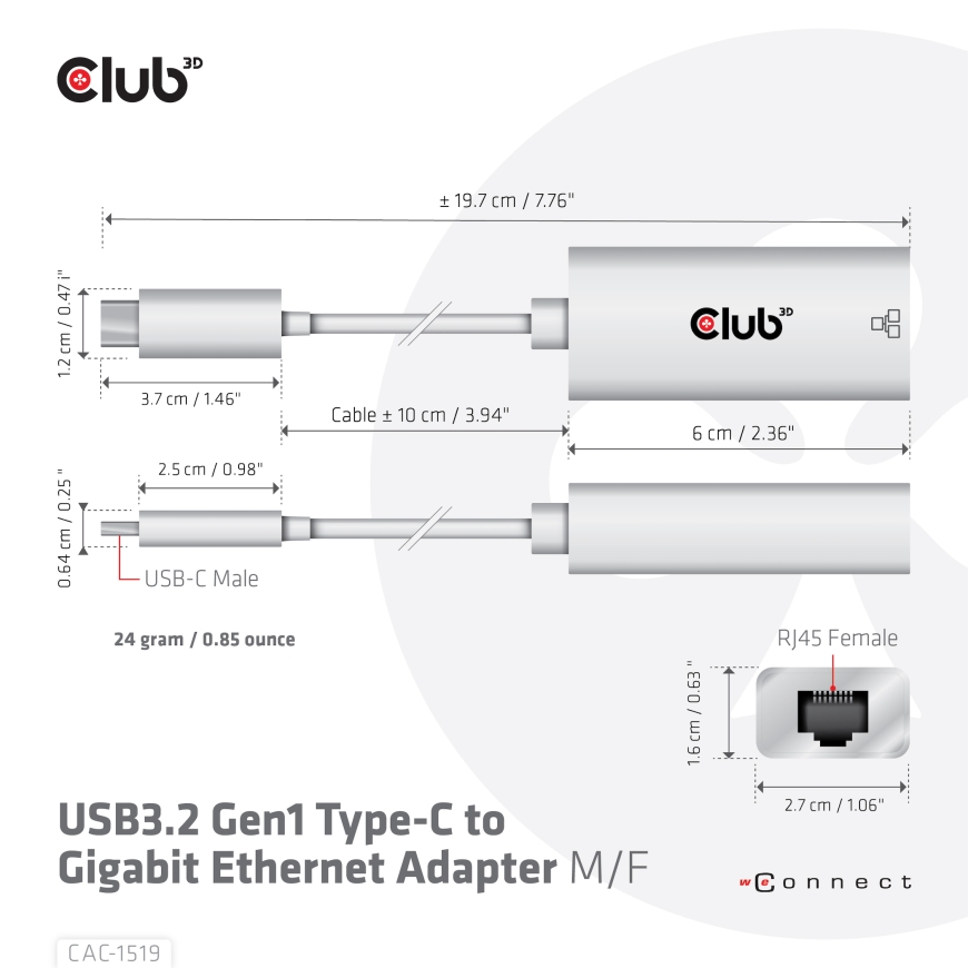 CLUB3D CAC-1519 kabeļu spraudņu pāreja USB-C RJ-45 Balts – 4