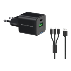Conceptronic 2-Port 33W GaN USB PD Charger with 3-in-1 Charging Cable, USB-C x 1, USB-A x 1, QC 3.0, PPS