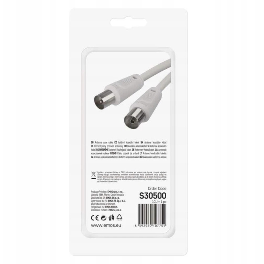 RF Cable for TV Antenna, 5m, Plug - Socket, White EMOS – 5