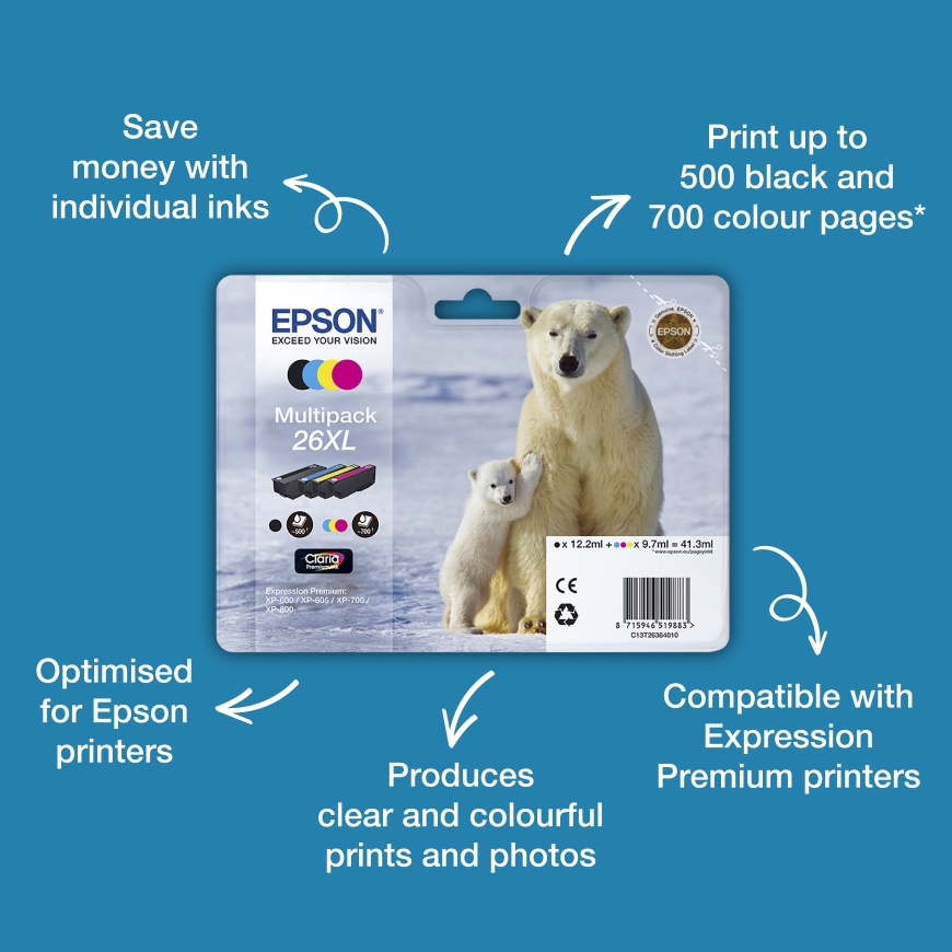 Epson Polar bear Singlepack Cyan 26XL Claria Premium Ink – 3