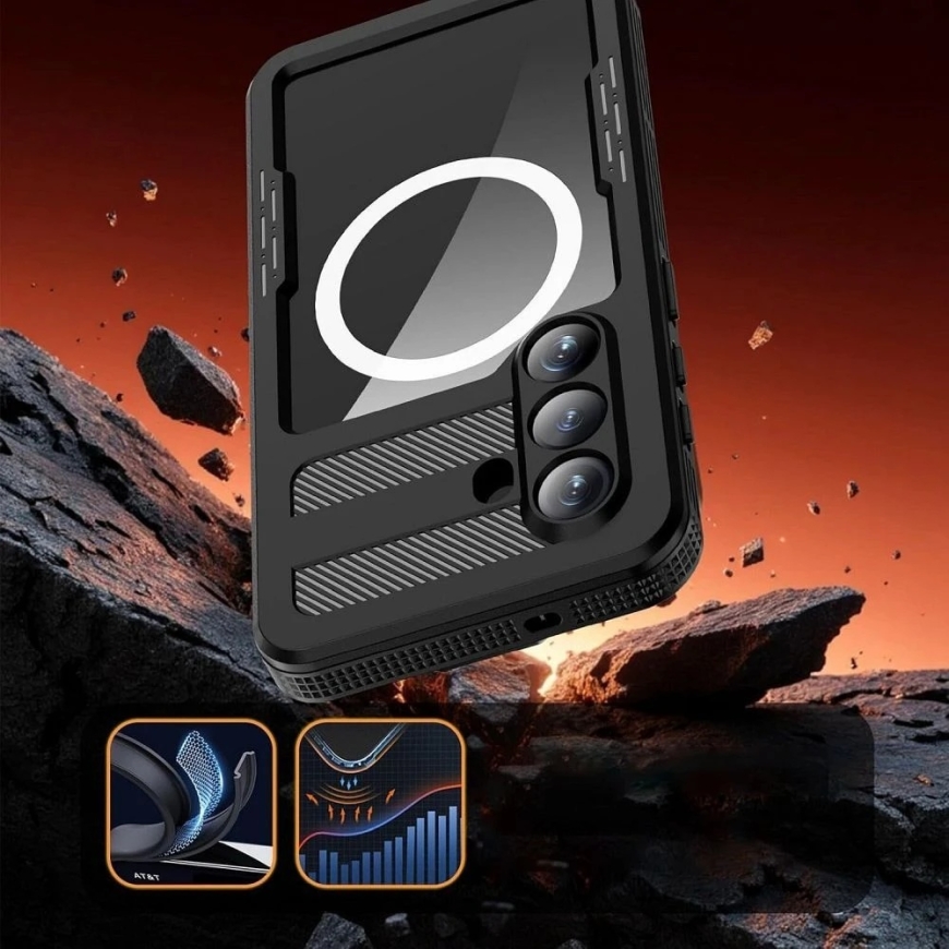 Dėklas Samsung S26 PLUS vandeniui atsparus Shellbox Mars su metaliniu žiedu, juodas. – 2