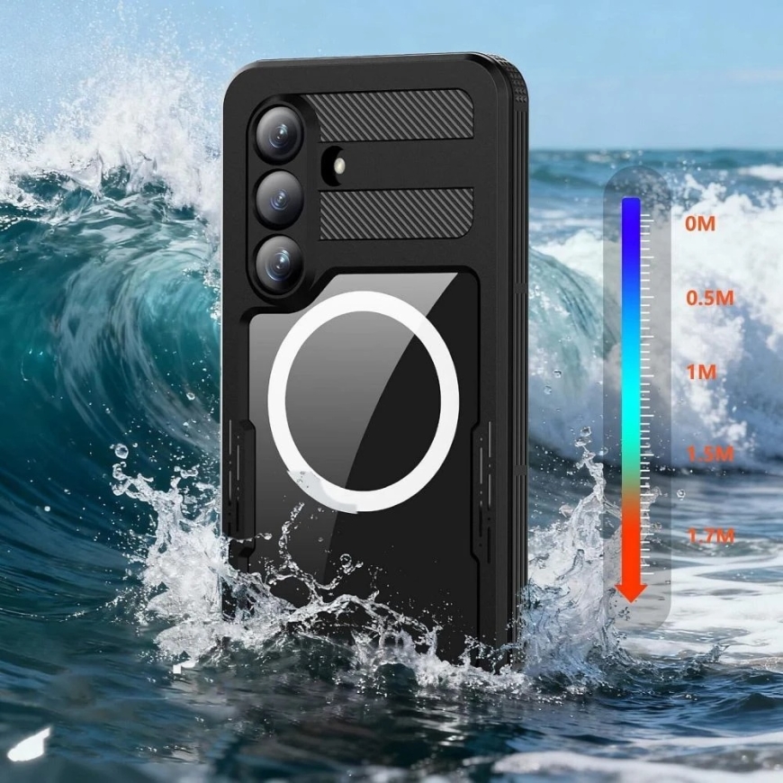 Dėklas Samsung S26 PLUS vandeniui atsparus Shellbox Mars su metaliniu žiedu, juodas. – 3