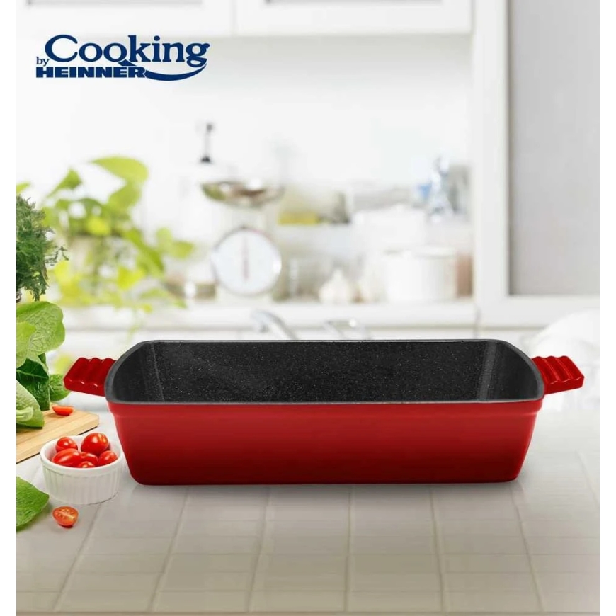 ENAMELLED CAST IRON TRAY, 33x23x7 cm, RED LINE, "COOKING BY HEINNER" – 2