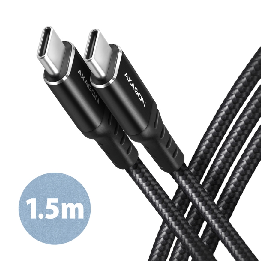 Axagon Data and charging USB 2.0 cable 1.5 m long. PD 60W, 3A. Black braided. USB-kaabel 1,5 m USB C Must