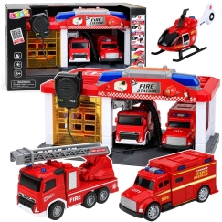 Lean Toys Gaisrinė su garažu ir transporto priemonėmis, raudona ir balta, 32 x 17 x 21 cm