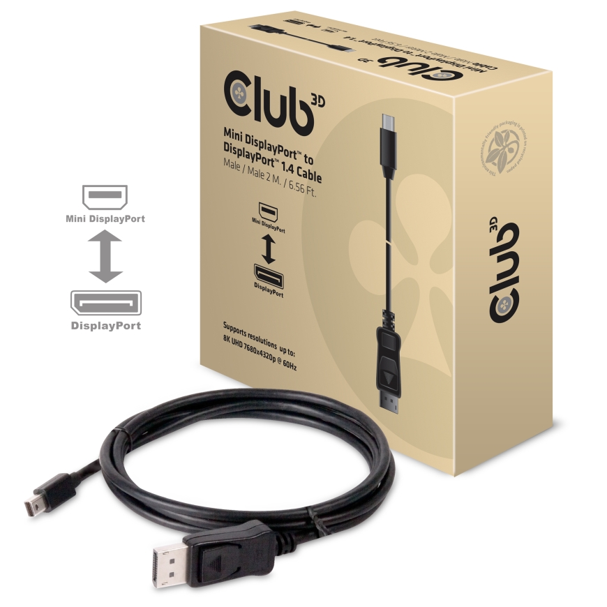 CLUB3D Mini DisplayPort to DisplayPort 1.4 HBR3 8K60Hz Cable, 2 Meter / 6.56 Feet – 2