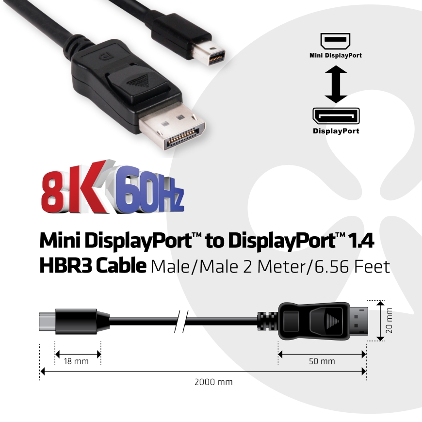 CLUB3D Mini DisplayPort to DisplayPort 1.4 HBR3 8K60Hz Cable, 2 Meter / 6.56 Feet – 3