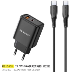 Įkroviklis Awei PD81C-EU 22.5W USB-A/USB-C + USB-C į USB-C laidą 1.0m juodas