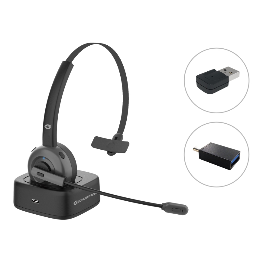 Conceptronic POLONA Wireless Bluetooth Headset with Charging Dock & Bluetooth USB Audio Adapter