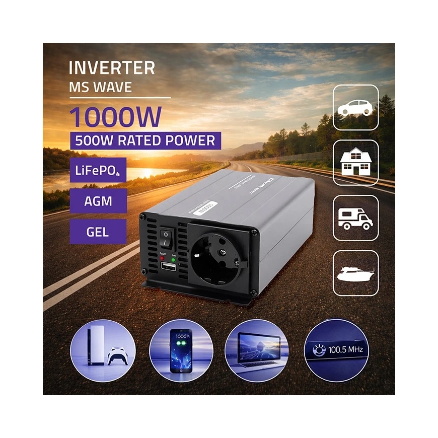 Qoltec MS Wave | 12 V - 230 V | 500/1000 W | USB – 5