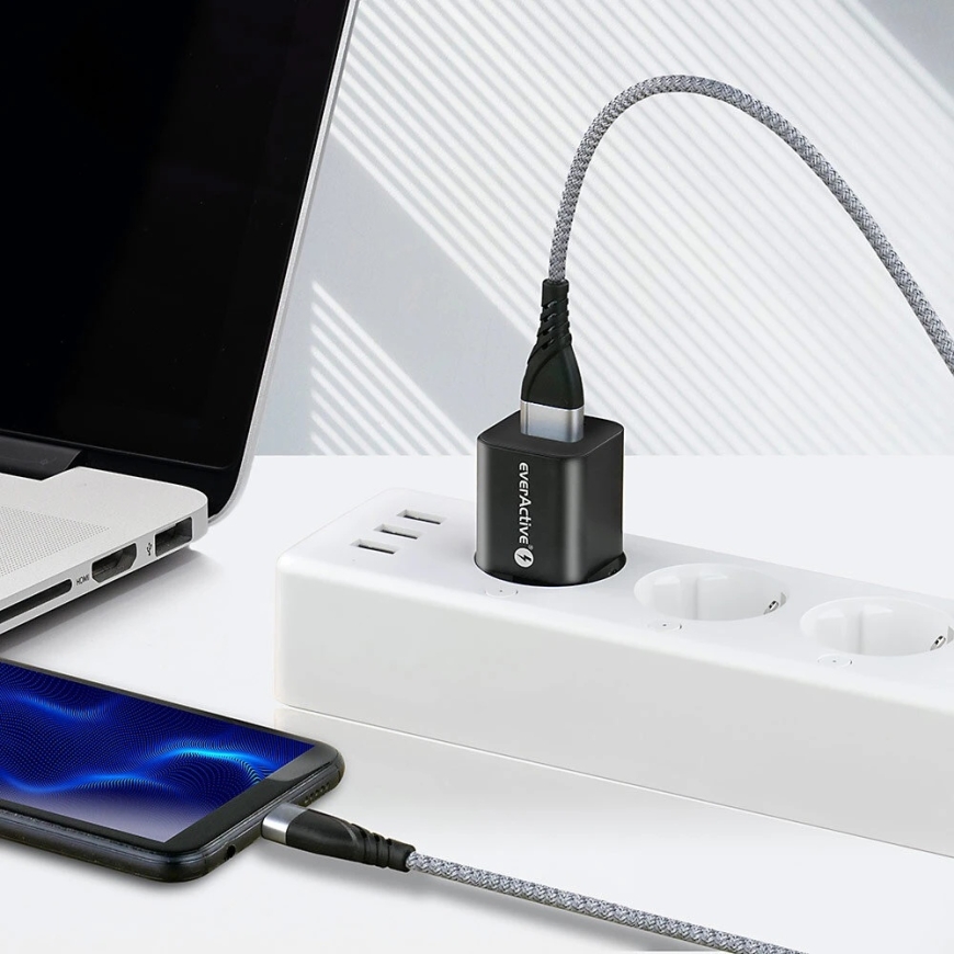 USB-C Cable - everActive CBB-2CG 3A Fast Charging, 480 MB/s Data Transfer, Nylon Protection, Black – 4