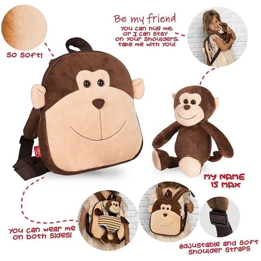Perletti Max Monkey käännettävä reppu pehmolelulla 25 cm – 3