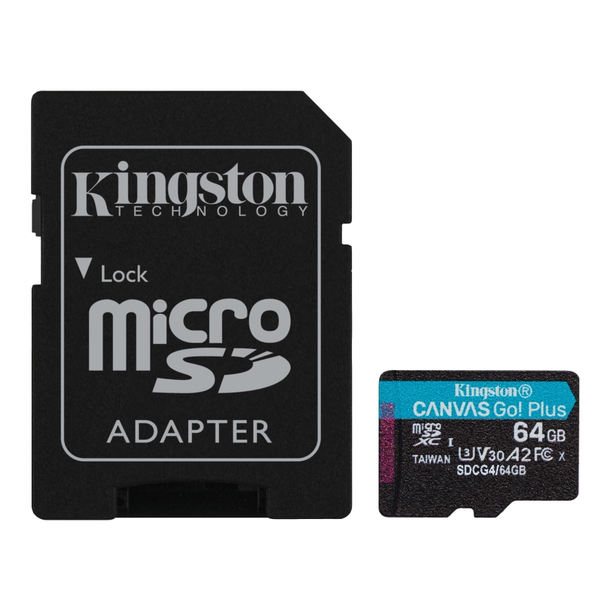 Kingston Technology 64GB microSDXC Canvas Go Plus Gen4 200MB/s A2 U3 V30 Card + Adapter