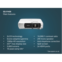 Epson EB-FH08 3600 ANSI lumens 3LCD 1080p (1920x1080) Balta