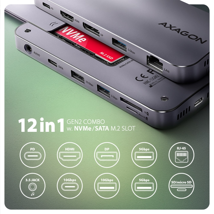 Axagon HMC-12GM2 laptop dock/port replicator Wired USB 3.2 Gen 2 (3.1 Gen 2) Type-C Grey – 2