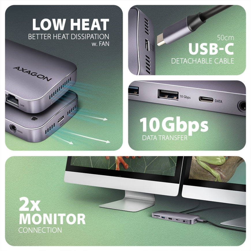 Axagon HMC-12GM2 knyginių kompiuterių dokas / jungčių replikatorius Vielinis USB 3.2 Gen 2 (3.1 Gen 2) Type-C Pilka – 5