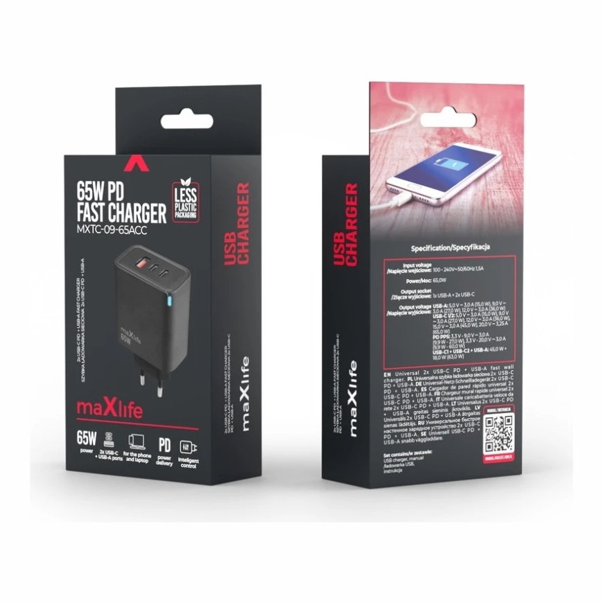 Maxlife MXTC-09-65ACC GaN PD QC -laturi 2x USB-C 1x USB 65W musta – 2