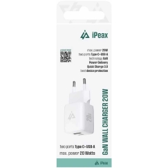 iPEAX GaN 20 W seinalaadija (USB-C + USB-A), valge